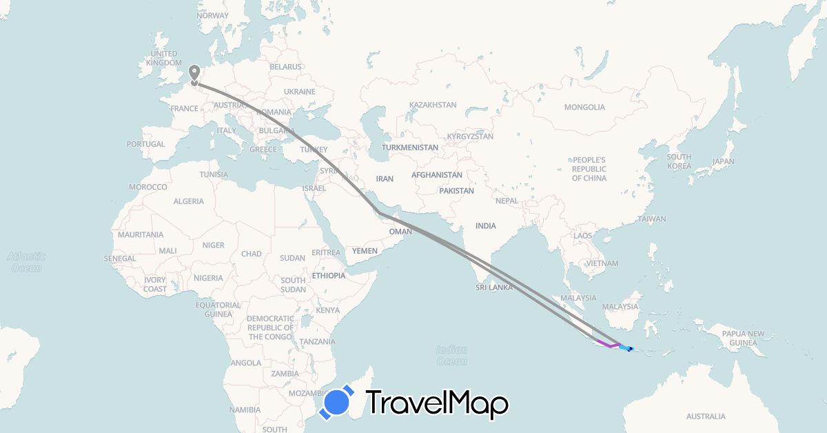 TravelMap itinerary: driving, plane, train, boat in Belgium, Indonesia, Qatar (Asia, Europe)